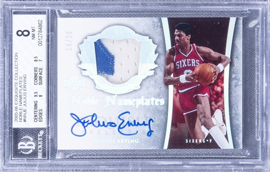 2005-06 UD "Exquisite Collection" Noble Nameplates #NNJE Julius Erving Signed Game Used Patch Card (#14/25) - BGS NM-MT 8/BGS 10